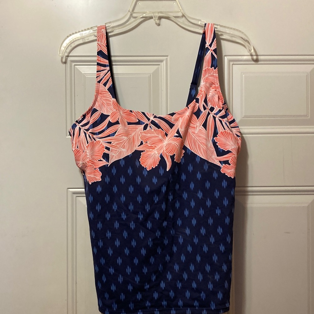 Land’s End Navy & Coral Floral Scoop Neck Women's Swim Top 12